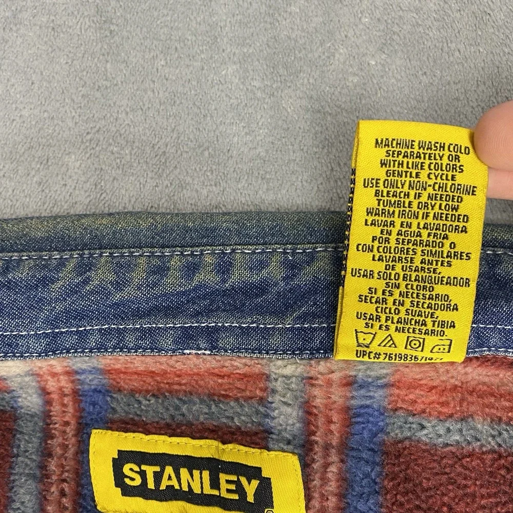 Vtg Stanley Denim Shirt Jacket Mens Sz XXL Blue Plaid Fleece Lined Work Thrashed